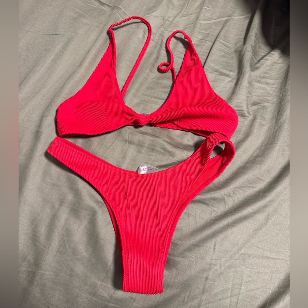 Red Ribbed White fox bikini set